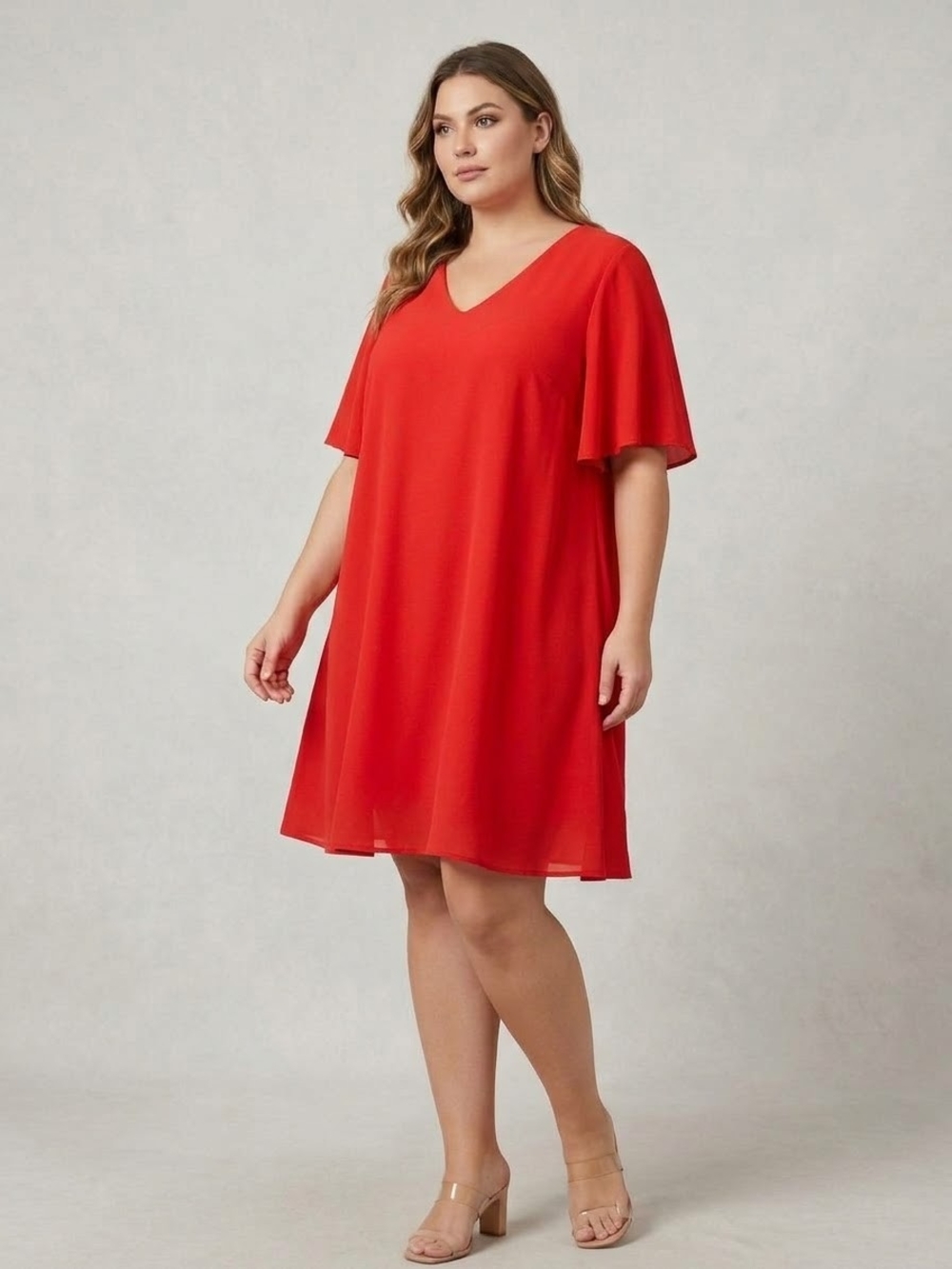Tyche Red Flutter-Sleeve V-Neck Dress